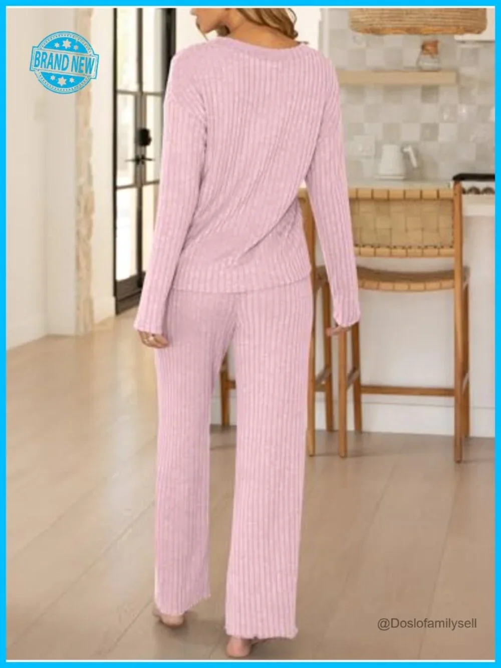 Women's 2 Piece Lounge Pajama Set Ribbed Long Sleeve Button Top Matching Pants